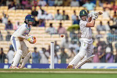 Marizanne Kapp plays a shot against India